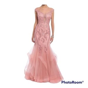 Camille LA VIE Embroidered Illusion Cap Sleeve Mermaid Dress